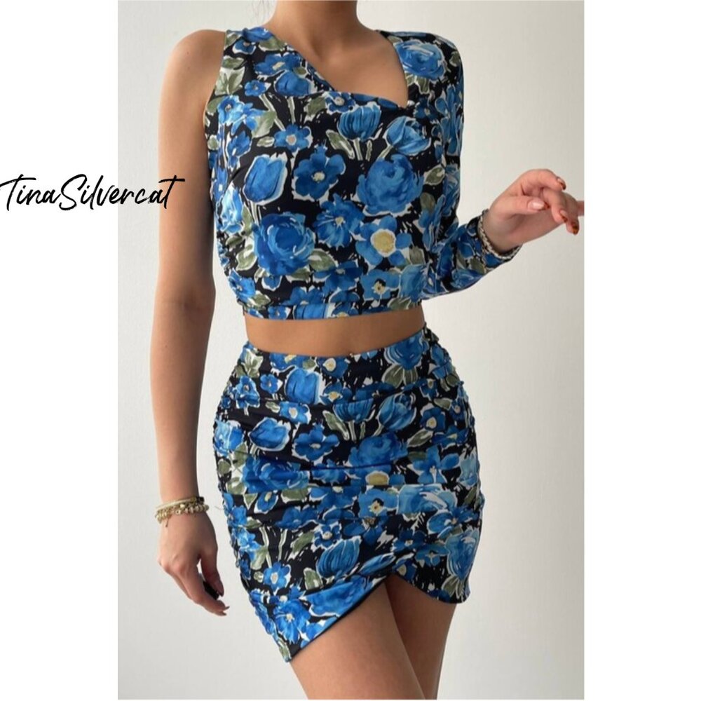 BLOGGER'S FAVE! Zara 2 Piece Mini Skirt And Top Set Blue Sz XS, Small NWT - Picture 14 of 17